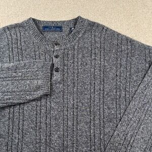John Ashford Mens Large Grey Henley Sweater Adult Ribbed Knit Cotton Pullover